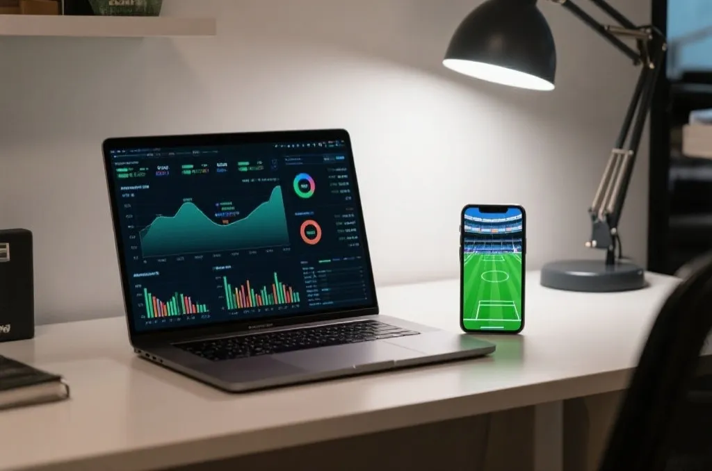 A workspace with a laptop displaying detailed sports analytics charts next to a smartphone showing a live soccer stadium green field animation