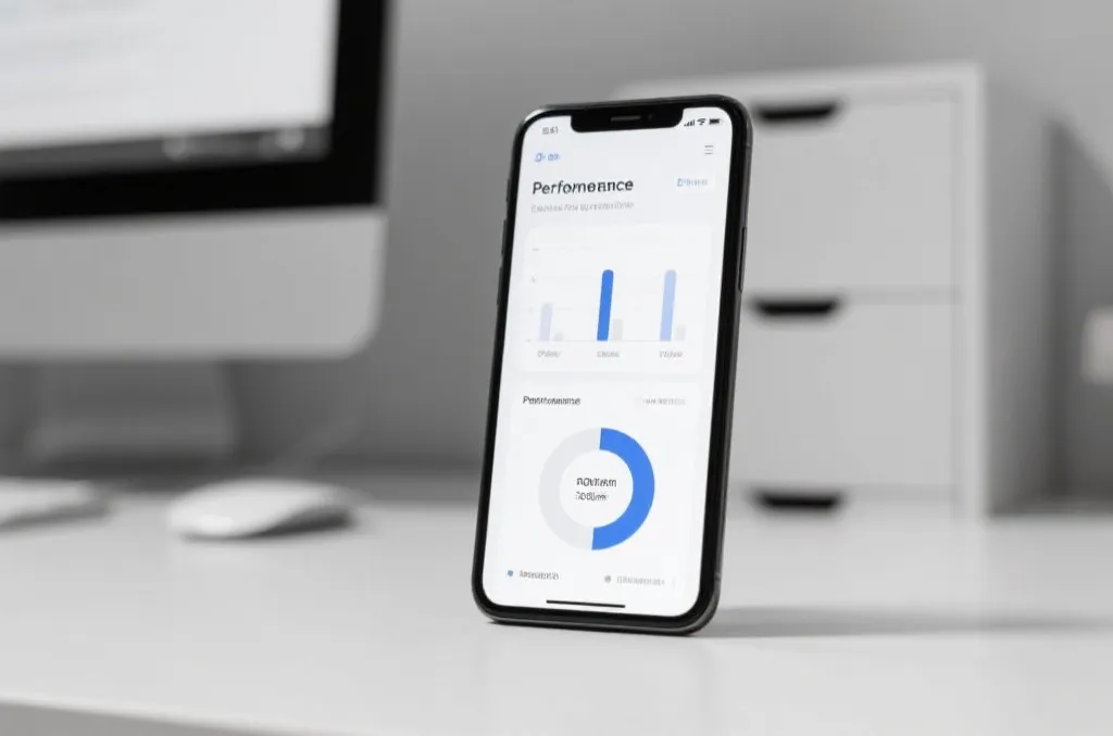 An unbranded cell phone on a clean desk displaying a performance optimization dashboard with a smooth interface